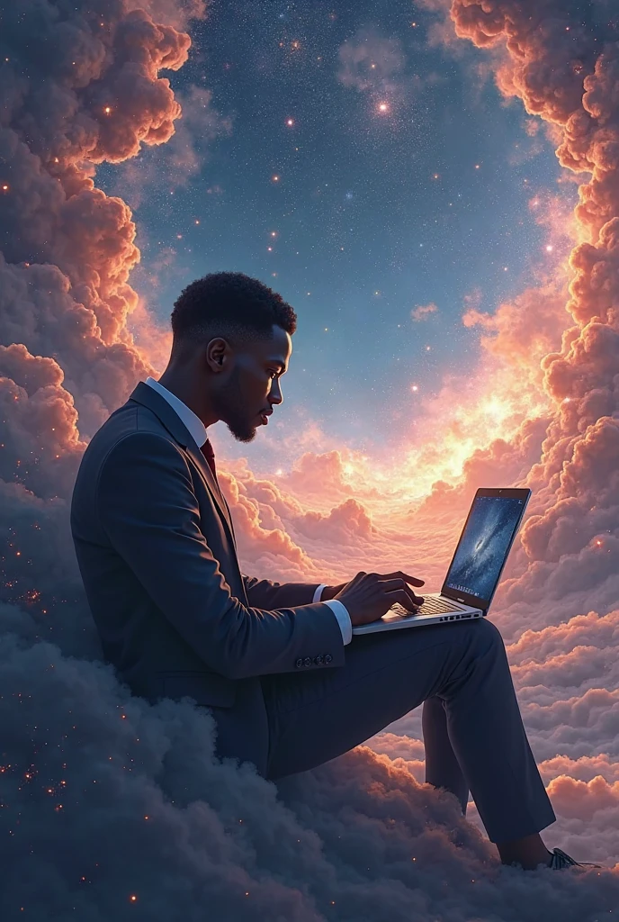 A guy sitting on chair working in laptop and a above his head his dream of surrender to lord dattatreya image in his head showing his detachment to karmfal