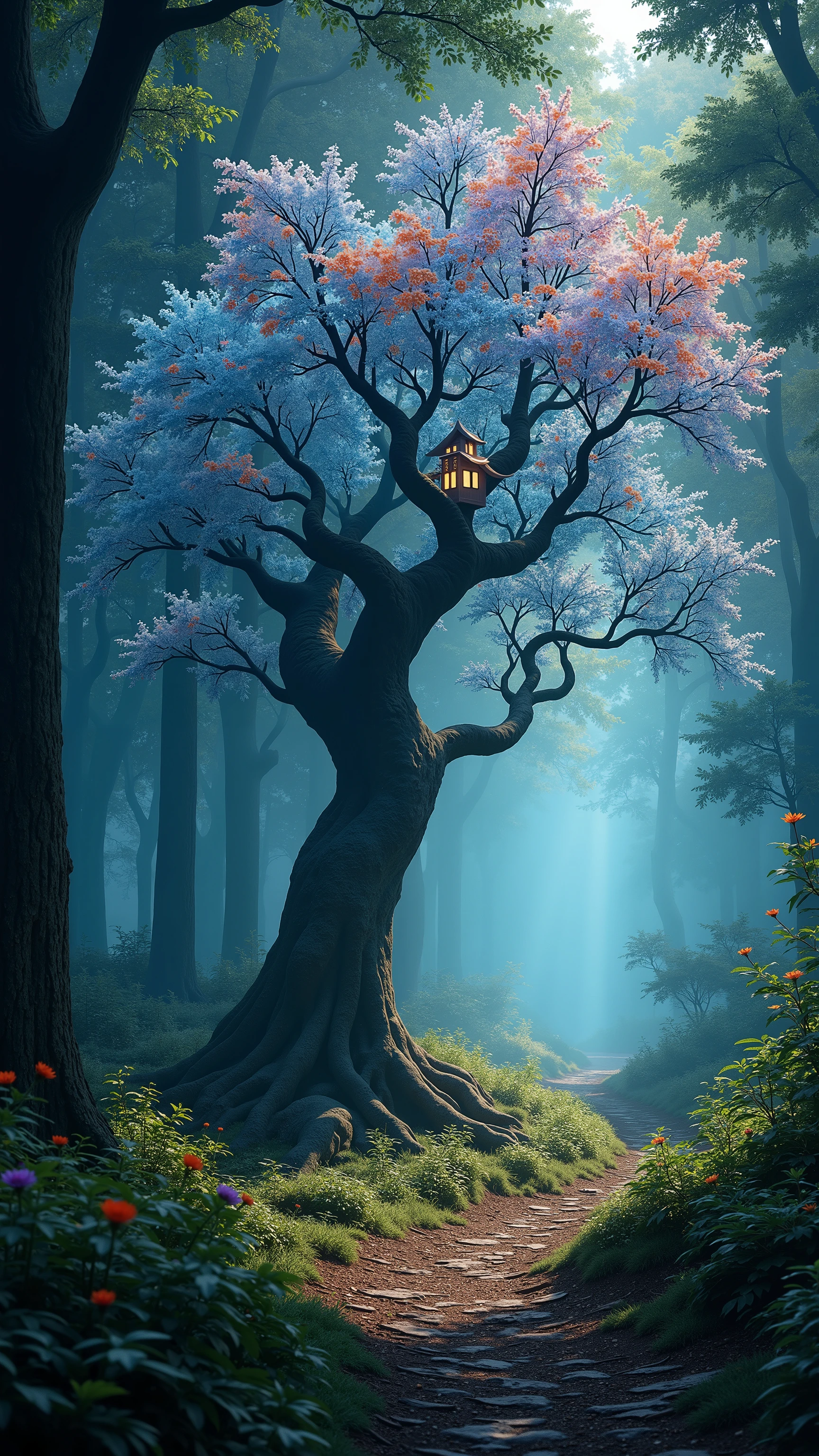 highdefinition images 、 tree々And seven-colored flowers 、 A mysterious forest with magical beings hidden in the branches 、 8k 、 High quality forest with light snow dancing 、 tree漏れ陽、 Forest believed to be a fairy house、 the soft morning sun shines through the fog。
