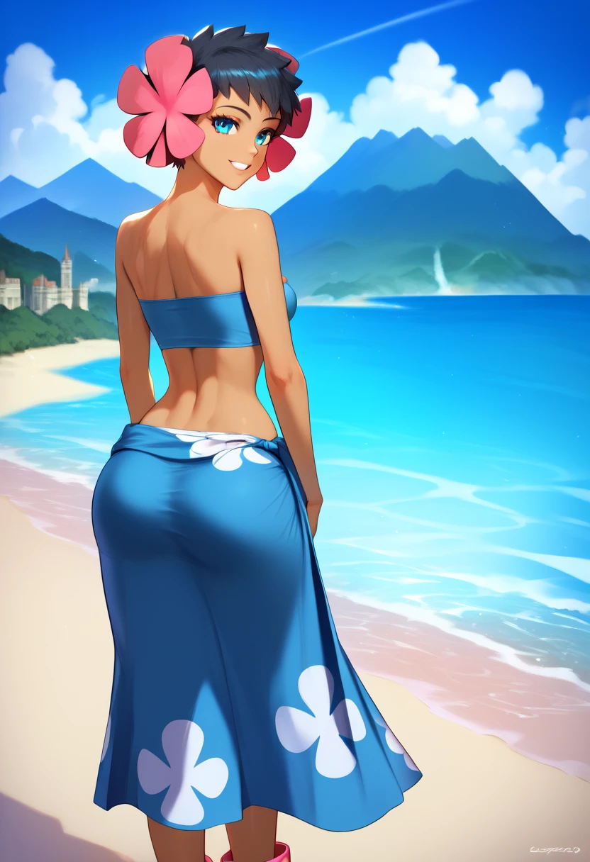 summer.smith, black eyes, orange hair, ponytail, pink sundress, floral pattern, sandals looking at viewer, smiling, standing, ass grab, outside, beach, sunset, dusk, high quality, masterpiece, big breasts, wide waist, slim body, ass, sexy