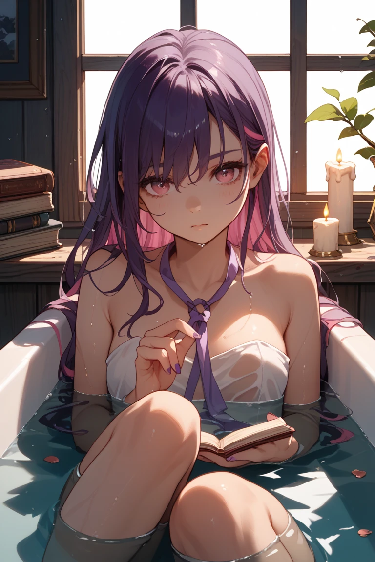 Purple hair A simple girl Full body portrait Dark light Long hair and shoulders Holding back A cover No leaky bones Cute Chinese style Not glamorous Bathroom Soaked in the bathtub Heads up Roses floating on the surface of the water Water overflows the bathtub --auto