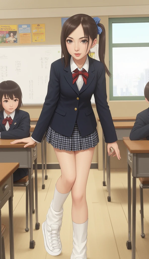 ((Japanese high school uniform)),Wear a short pleated skirt 、Silk panties sticking out、panty shot、focus on panties、Soft skin、ponytail, japanese girl, 8K, huge breasts,full body shot、 highest quality, masterpiece, realistic, Photorealistic super detail, one girl, cute, best smile, beautiful eyes, long hair, perfect face,full body shot