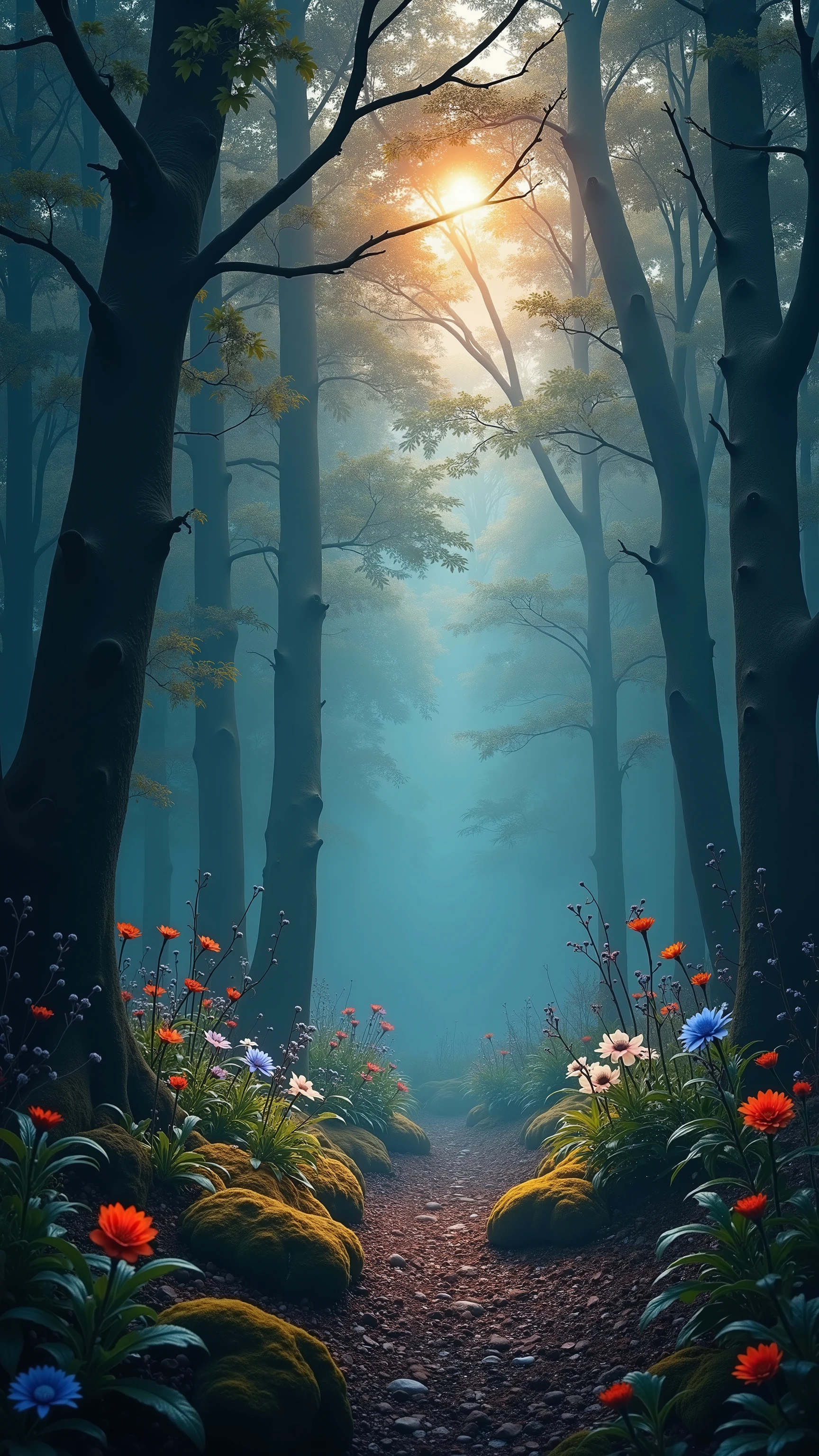 highdefinition images 、 tree々And seven-colored flowers 、 A mysterious forest with magical beings hidden in the branches 、 8k 、 High quality forest with light snow dancing 、 tree漏れ陽、 Forest believed to be a fairy house、 the soft morning sun shines through the fog。