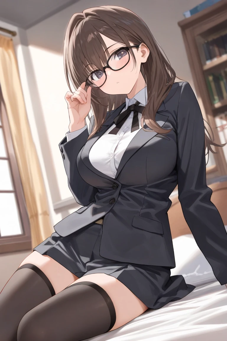 skirt suit, garter straps, glasses, underwear, panties, lace-trimmed bra