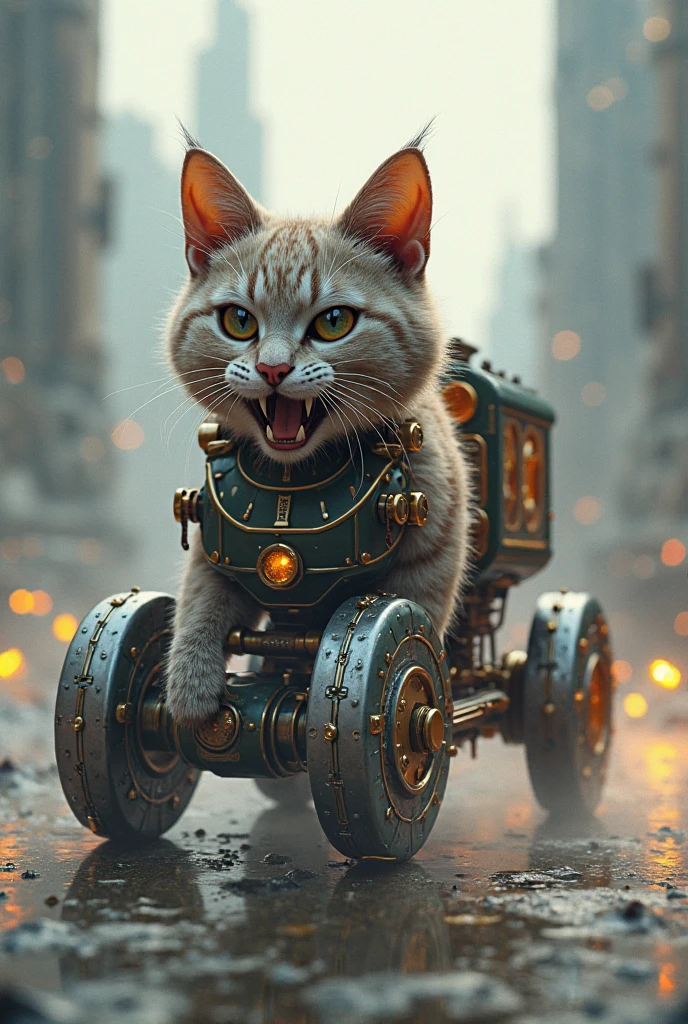 "An intricately detailed steampunk surreal scene with a giant brass steam robot-cat as its centerpiece. The robot-cat has long metal articulated arms, exposed gears and pistons, and is emitting colorful smoke. It is emerging from a vine-covered old brick Victorian building. In the background, wooden airships fly with spinning propellers. The image has a dark, grunge palette with pops of vivid color throughout. The cat-ro bot looks alive and expressive. The scene is extremely imaginative and vivid in ultra-high 4K quality."