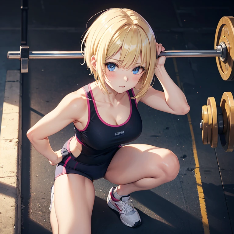 {mordred_fgo:1.15}, green eyes, ponytail, red_scrunchie, sexy, small_tits, blonde, muscular_body, gym background, cleaning gym gear, kneeling, sponge, dirty, sweaty, gym clothes
