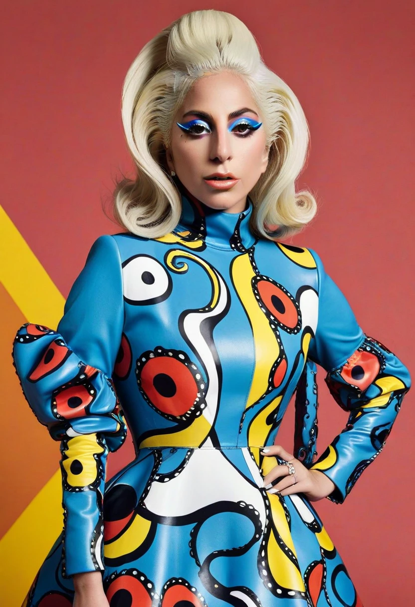 Lady Gaga, dressed in a stunning, extravagant outfit that is both glamorous and avant-garde, is captured in a pop star portrait reminiscent of Richard Avedon's work. The setting is a luxurious, glamorous one, with a pumpkin palette and a nod to the Heidelberg School. The creative display of this collectible is a stunning, large-format print that captures every detail of Lady Gaga's outfit and expression. The image is a masterful blend of fashion, art, and pop culture, with a focus on the beauty and power of Lady Gaga's iconic image. The print is a must-have for any serious collector of pop culture art, and is sure to be a conversation starter and a source of inspiration for years to come., Pop art, bold colors, graphic design, inspired by Andy Warhol's work.