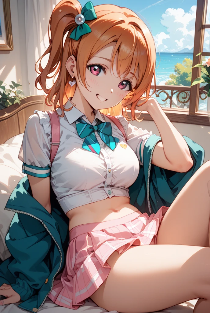 (masterpiece)(8k)(cute)(18-year old girl)(1girl:1.5)(solo:1.8)(wild hair:1.3)(short hair:1.3)(orange hair)(flat chest)(small breasts)(white cooking bandana:1.2)(green pupils)(glossy skin)(glossy lips)(glossy eye-shadow:1.1)(shiny)(playful)(choker necklace)(pink hoodie:1.2)(bra straps)(denim shorts)(balcony)(happy and smiling:1.3)(surprised:1.2)(bright)(shadows:0.4)