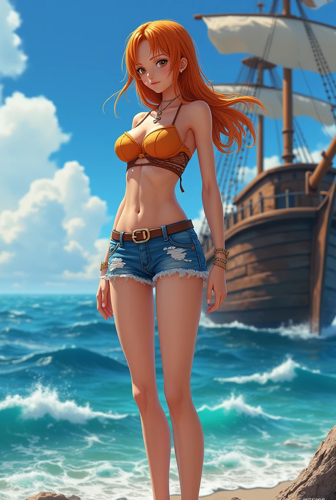 (((masterpiece+best quality+high resolution+ultra-detailed))), nami\(one piece\), long silky orange hair, high nose, sharp eyes, noble and inviolable temperament, (([female]: 1.2 + [beauty]: 1.2 + orange long hair: 1.2)), pirate ship background, blue sky, bracelets, bubbles, clouds, denim, pants, shoulder tatto, bright eyes, dynamic angle and posture.