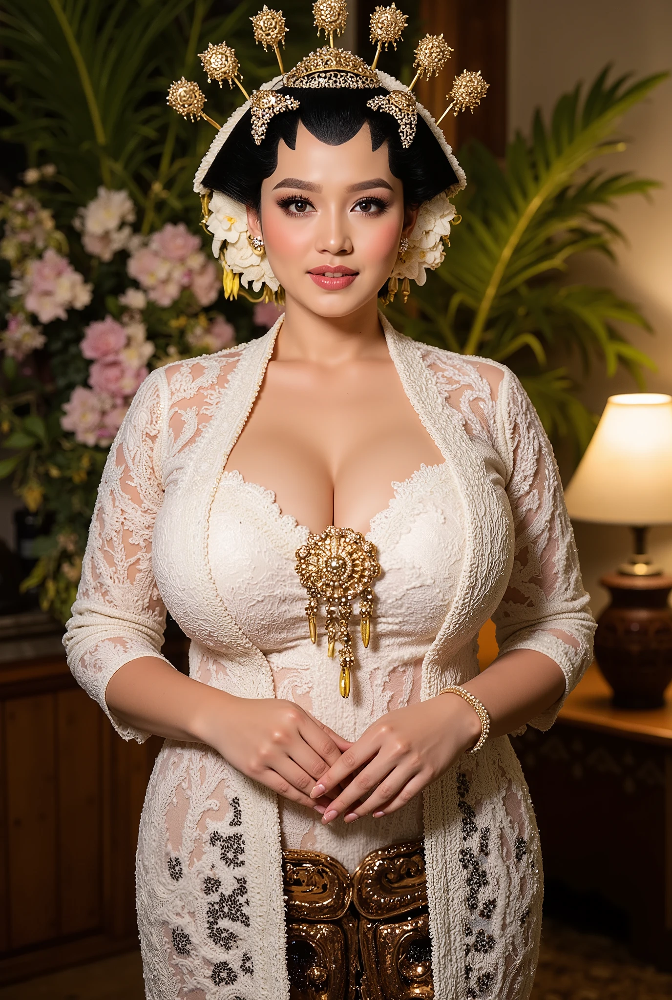 Bbw womwn chubby in kebaya dress, open breast full body
