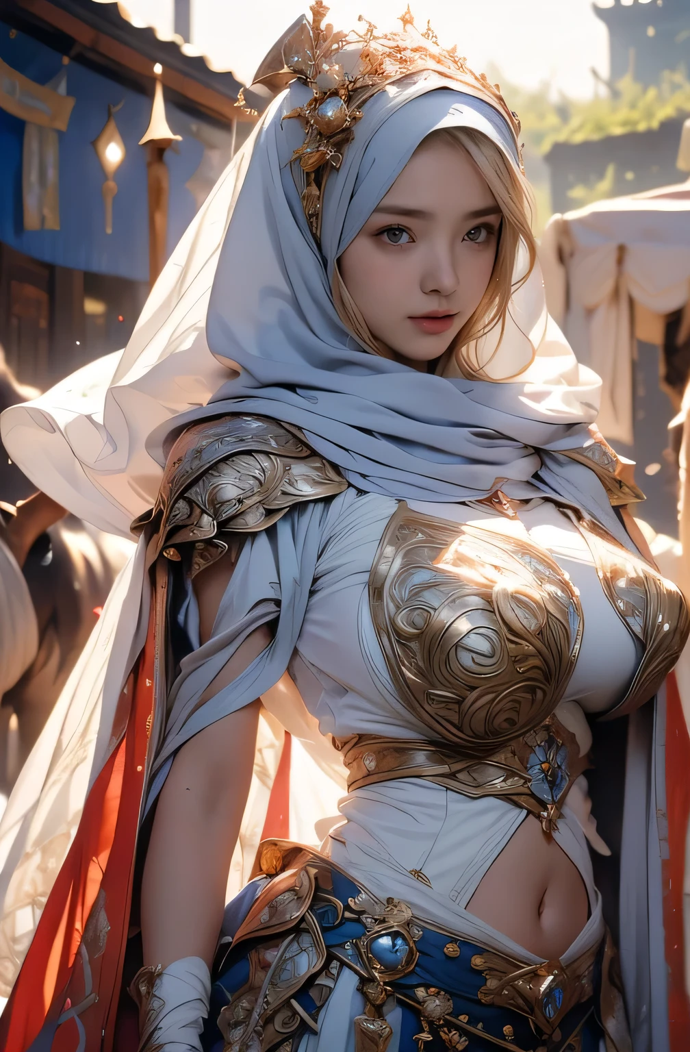 wearing a hijab , blue eye, blond hair, around , (golden silver hijab), tmasterpiece,Best quality at best,A high resolution,8K,((Portrait)),(upper body),Original photo,real photograph,digital photography,(Female princess in the medieval fantasy style),(Medieval princess in fantasy style), sexy princess ,blue eye, super colossal brest, round colossal breast extravagant ornament,cparted lips,Keep your mouth shuegant and charming,((Blushing)),virgin contempt,Calm and handsome,(Medieval fantasy dress,The Beautiful super huge round breast, small waist, perfect colossal breast of princess body, a blue delicate pattern,red Cloak),(princes medieval character medieval fantasy style,oc render reflection texture, sexy style, sexy colossal breast , medieval castle background, slim body, very small waist,