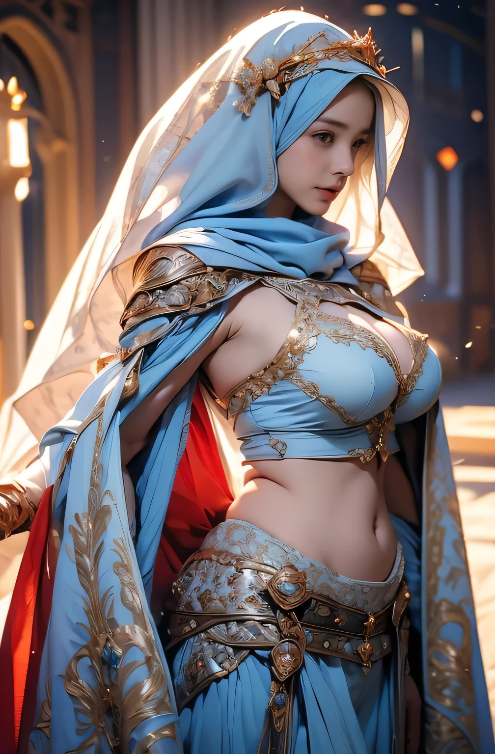 RAW, Best quality, high resolution, (masterpiece: 1.3), beautiful mongol queen in hijab showing cleavage in sexy superhero highslit temple,Masterpiece, Soft smile, choker