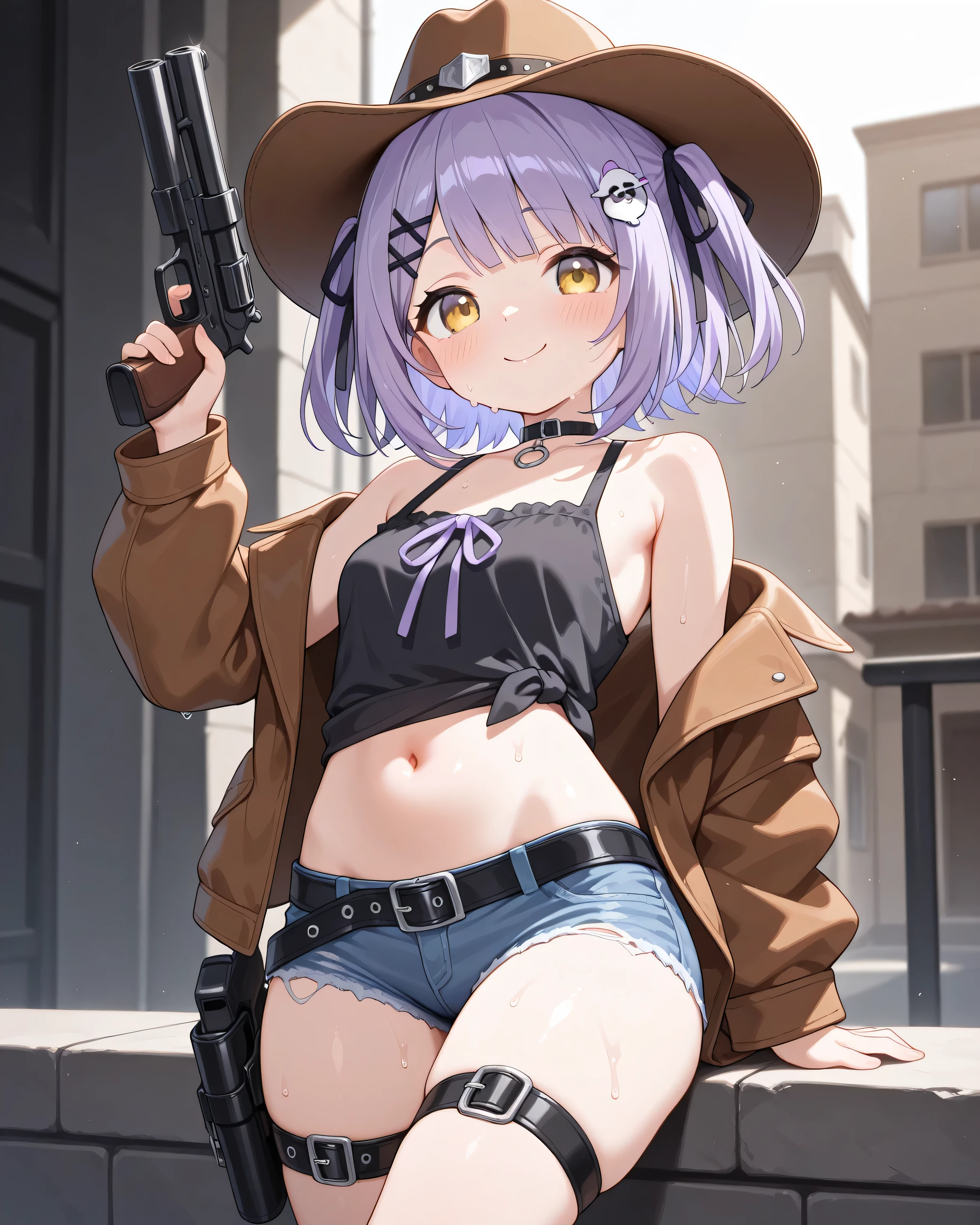 (best quality,amazing quality,very aesthetic,absurdres,newest,4k,8k), shinomiya runa, 1girl, solo, virtual youtuber, purple hair, two side up, short hair, yellow eyes, hair ribbon, black ribbon,hair ornament, hairclip, black choker, cowboy hat, brown cowboy jacket, open jacket, sleeveless, white topknot, open stomach, very short jeans, black thigh belt, thigh gun holder, have gun,(smile:1.2),(sweat:1.5), wilderness