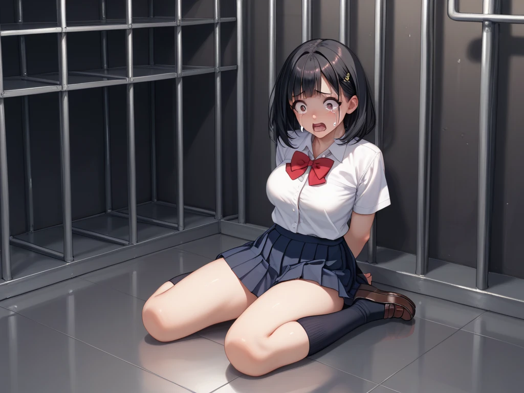 Beautiful illustrations, Highest quality, pretty girl, pastel colour, closed mouth,night,crying,High quality,panties,His arms are tied in chains,fear,Spread your legs,fat,Thick legged shirt,I'm on my knees,Dark abandoned house,sneakers,Loose-fitting shirt,Pleated skirt,Photoreal 1;4,brown hair,full body ,portrait1;4, {{beautiful medium size breasts 1:4}}, high quality panties,{{schoolgirl}},top quality,cute girl,high quality background, slanted eyes, detailed shirt chest wrinkles,BREAK, {{beautiful blue eye1:4}}, Accurate 5 fingers