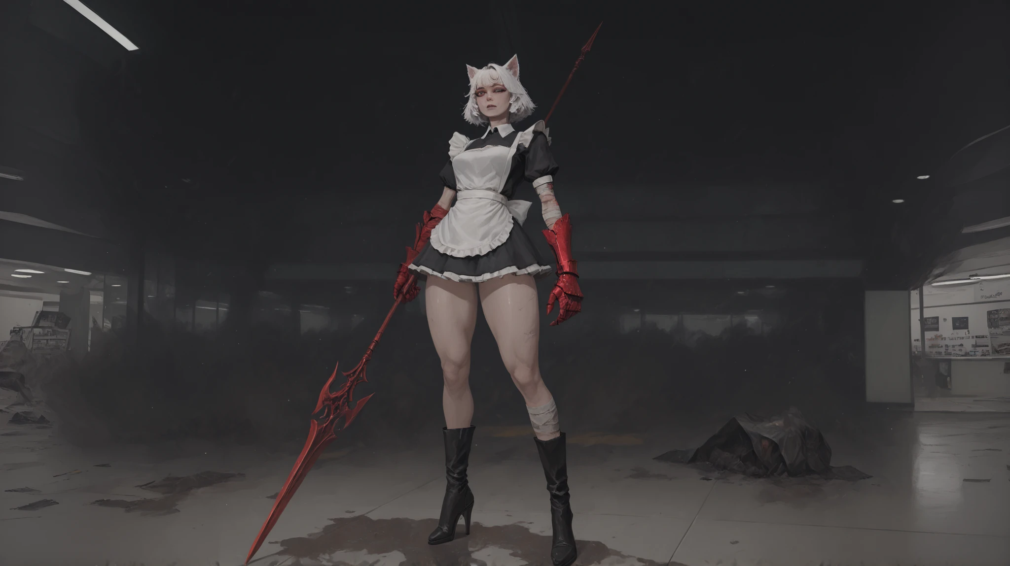 A beautiful girl with cat ears, short white hair, with a long side fringe, ojos rojos, sharp eye, beautiful skin, extremely nice body, ((pretty face)), A maid's uniform, short skirts, (maid) , (A big red gauntlet on the right arm), (left arm without a gauntlet hands bandaged) ( a spear in his hand ), (black boots with heels), beautiful thighs, (She is standing) de fondo un shopping mall abandonado, stagnant water, Moldy walls, gray colors, dust, Particles , strokes of volumetric light, (Post Apocalyptic Environment), (Derrumbe), , (shopping mall), (Garbage on the floor)