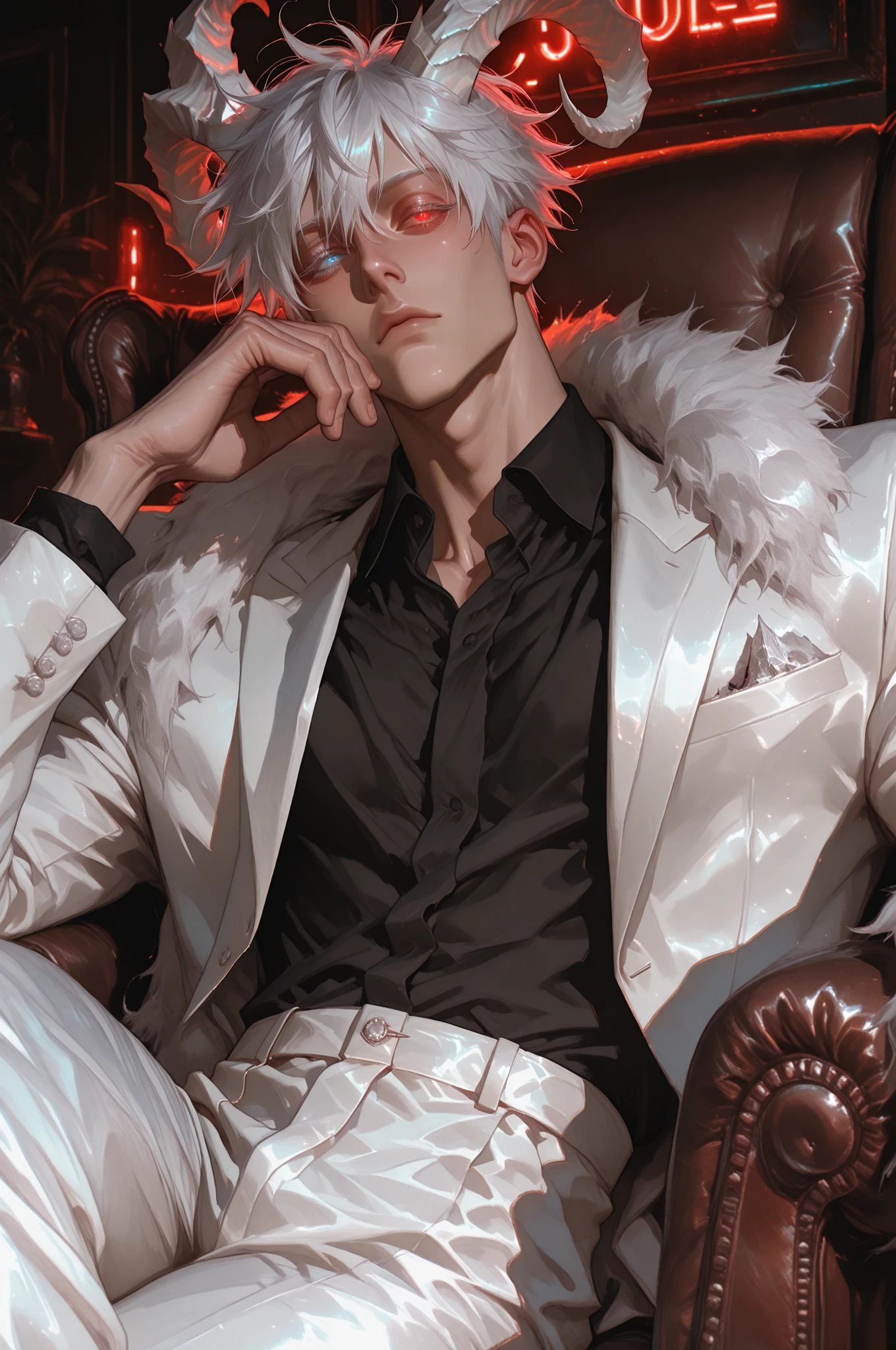 white hair boy, very detailed pink eyes, serious look, White skin, muscular, sexy, barefoot, wearing short white shorts, Sitting in an armchair
