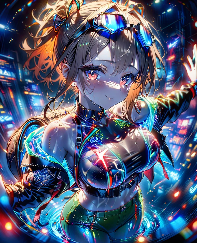 4K, ((very delicate)), realistic, a location that looks far away, 1 full body woman, (delicate face)), View from head to legs, big bust, wearing a bikini, well aware, cyber like background, neon sign, dance, center stage, glass floor, the lights shine, brown hair, blue eyes, Stand with your legs apart, Put your arms down between your legs., looking straight at her, Sensual pose, Looking up from underneath the glass floor.