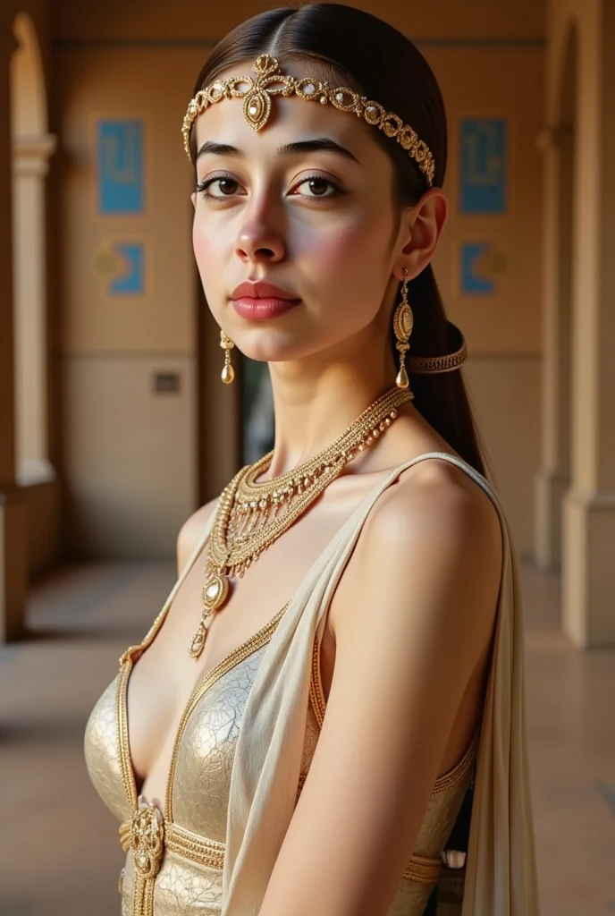 Hyper-realistic atonalism style, gouache, ink wash, opaque colors and low key lighting, beautiful woman of Egyptian in thin white robe, subtle details, colorful and gold ancient Egypt jewelry ,beautiful breast, chest press together, medium long shot ,elegance pose, splash ink, ancient Egypt sandstone temple background, matte painting, Unreal Engine 5.