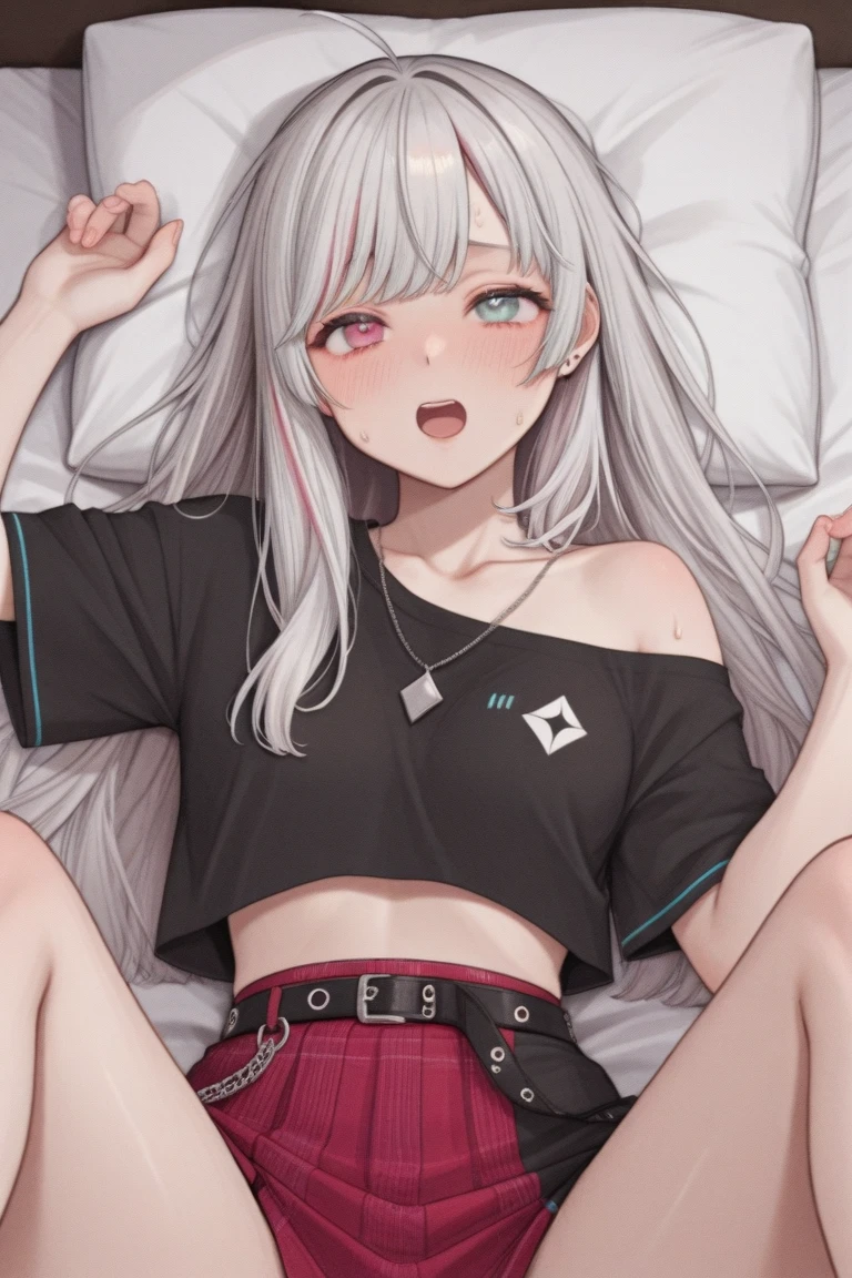 Girl 170cm, thin waist, purple eyes, long silver hair, big hips, small breasts, wearing a T-shirt, erotic lingerie, lying on her stomach showing her ass