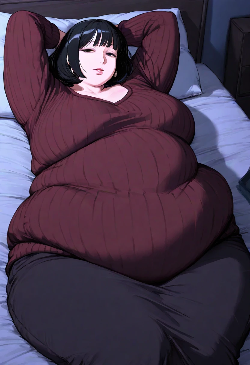 abstruct, 1girl, solo, white skin, black hair bob-cut, ((detailed face)),(Nerdy face) (sweat-stained panties:1.6), bra, looking down at herself, laying in bed, struggling to scratch underside of her belly, (WeightImmobile:1.3), (obese:1.2) (round face:1.3),  saggy belly, rolls of flab, wide hips, sweaty, discoelysium, AS-MidAged, slob, too fat, morbidly obese, gassy, bloated, fart, acne, zits, pimples,