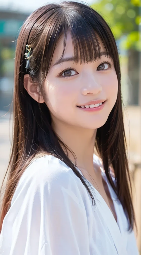 (Best-quality, Masterpiece, Ultra-High-Resolution, (Photorealistic:1.4), Raw Photo, depth of field, professional lighting, perfect anatomy, extremely details), 1girl, 15-years-old, the most famous Japanese idol, face focus, close-up of face, ((extremely cute realistic-face like the most popular Japanese idol, ((extremely cute and extremely big round-eyes)), extremely cute and extremely realistic hair)), (((extremely beautiful and extremely realistic skins))), extremely cute and extremely realistic long-eyelashes, extremely cute and extremely realistic lips, innocent smile