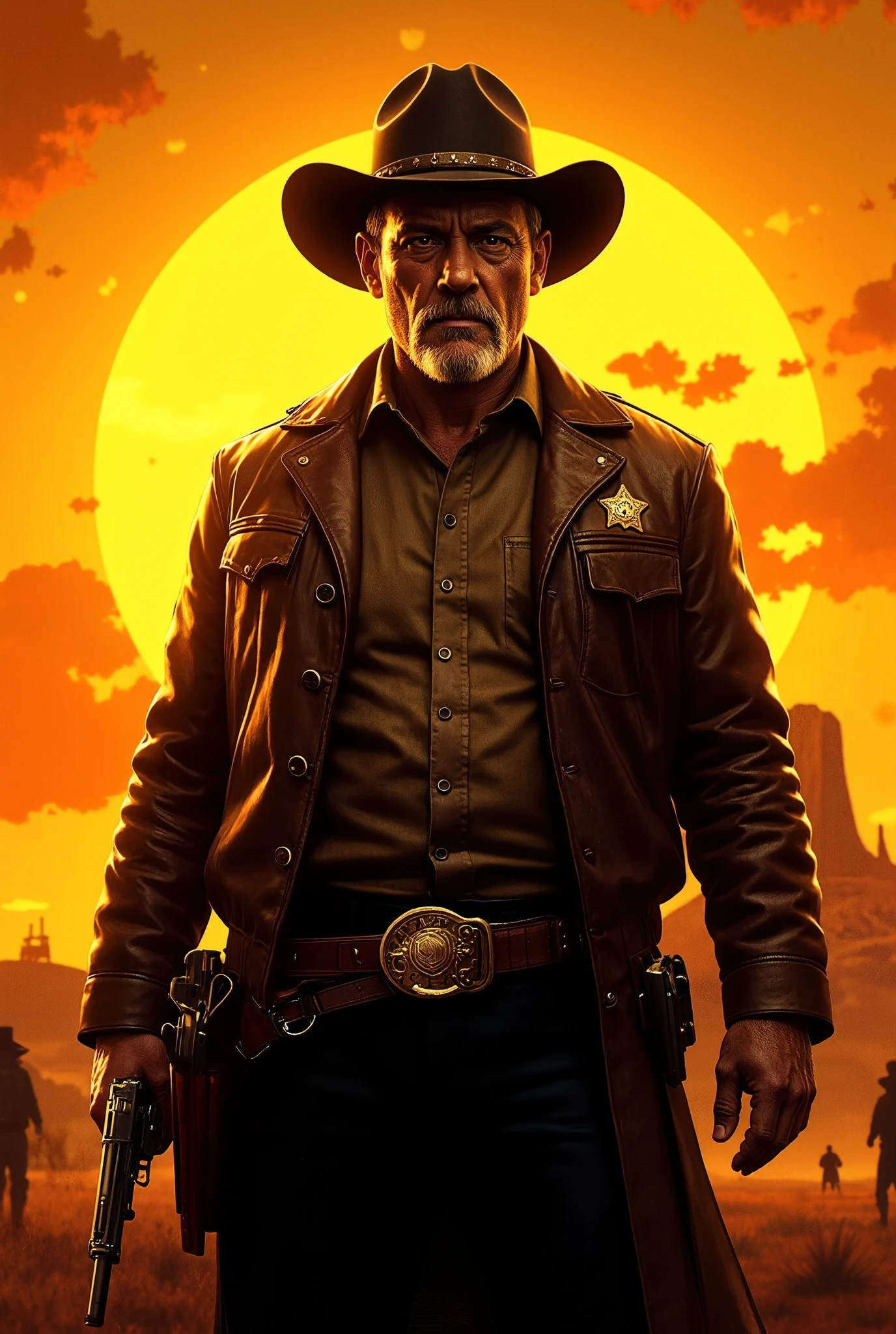 (( front view Sheriff with one hand on his gun at waist height attentive to every step , making a great reference to Great Movies of the Old West, Cinematic quality ((front angle 0 º) , details of the face of the determined serious Sheriff, little slime on the black pants, worked leather jacket , sheriff emblem set at the height of the perfect, in the background sun sets in a fearless graphic cinema vision, ))