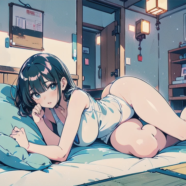 Affordable design, Clear lines, High Sharpness, (Highest quality,4K,Perfect sharpness,Ultra fine,High resolution,masterpiece:1.2), Perfect Anatomy:1.5, Official Art, Illustrations that tell a story, (Whitish background:0. 9)、Body Positivity、多Mr.な身体表現、(Random and fun poses)、Perfect beauty、Perfect beautiful face、(Strong winds)、A rich expression、Dynamic composition、smile、Golden ratio composition、colorful、(((Mr.々Different angles and perspectives)))、Anime Art、(Overcoming stereotypes)、 Glowing Skin、(Natural beauty)、bangs、Straight Hair、(Soft and flowing hair)、(countryside)、(Nostalgic atmosphere)、(Insert up to the thighs)、(Playful and carefree)、(多Mr.なキャラクター)、(Graceful posture)、(Sunny atmosphere)、(Bright colors)、((Pure white lingerie))、Show off your thighs、Show off the backs of your thighs、Lie face up on the bed、((Micro Bikini))、((Showing off her ass))、Sweaty skin、(( String panties))、Spread your legs、Lie down、Underboob、(Pure white underwear)、