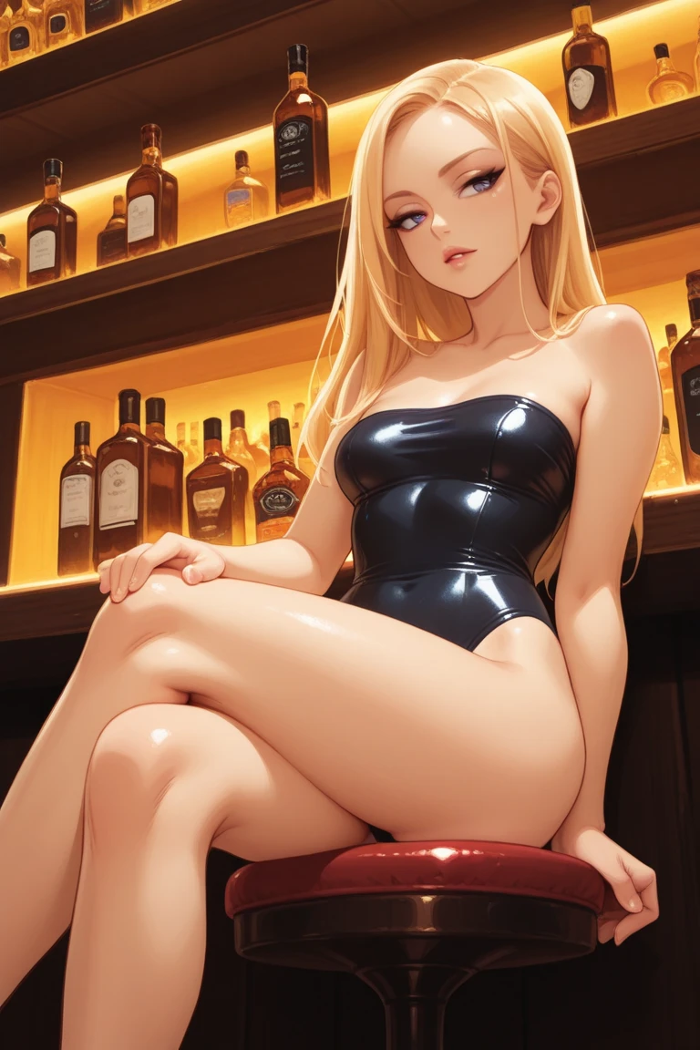 anime girl with long hair wearing tight and shiny black latex leotard also put some make up on and beautiful red lipstick, she has gorgeous body and super big breast that feel so amazing just to look at and squeeze, her nipple get hard for some reason and she look panic because of that and try cover it with her bare hands, she is on bench sitting while waiting her food in restaurant, she is so naughty and kinda horny, she spreading her legs that make her crotch visible