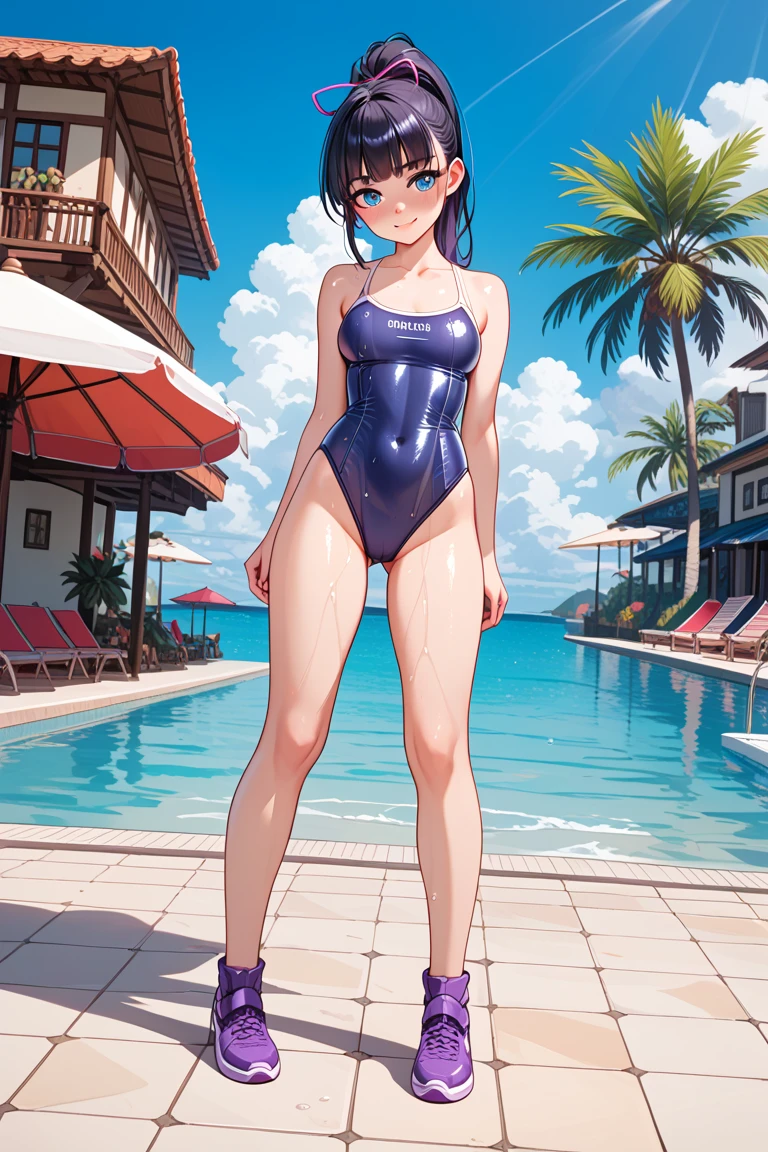 ランダムなポーズ、Random patterned swimsuit、Swimsuit,,Blushing、Pale brown eyes、Dark purple hair、Semi-long hair、Head to toe full body、Blushing、Embarrassed look、Composition from the front、A view from slightly below、school swimwear、Acme Face、Random pose、, 、nsfw、Highest quality、1 girl、solo、Ocean、Sandy Beach、Sexy pose、Random pose、Blushing、wet、Embarrassed、I can see half of my 、、One piece swimsuit、(Strap slip:1.3)、Swimsuit