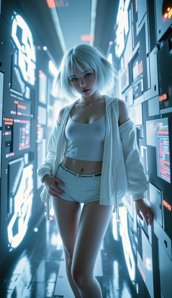 Dim environment,Black Light Art,Fluorescent orange long hair,girl,White bikini,White shorts,boots,Restraint