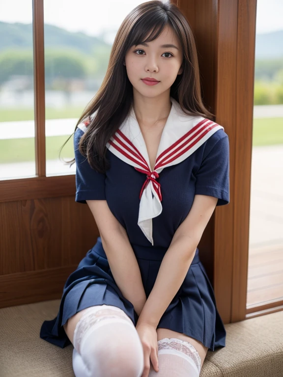 (((masterpiece))), (((highest quality: 1.4))), ((Super detailed: 1.4)) ,(Mastepiece), (Genuine:1.4), (Full Body Shot:1.3), One woman、(Sitting cross-legged on a bench:1.5), 日本のSailor suitを着た女の子, a 超現実的なSailor suit女子高生, Cute High School Girl Uniform, realistic Young Gravure Idol, Surreal school girl, Beautiful face with arms and legs, Strike a Pose, A young and cute gravure idol, Ultra-realistic pantyhose、Japanese girls uniform, Sailor suit、Acquire Japanese language skills , kotegawa yui, Young Gravure Idol、 (Random Porn Pose), Natural Skin Shader, Volumetric, Warm shades beneath her skin, serafuku