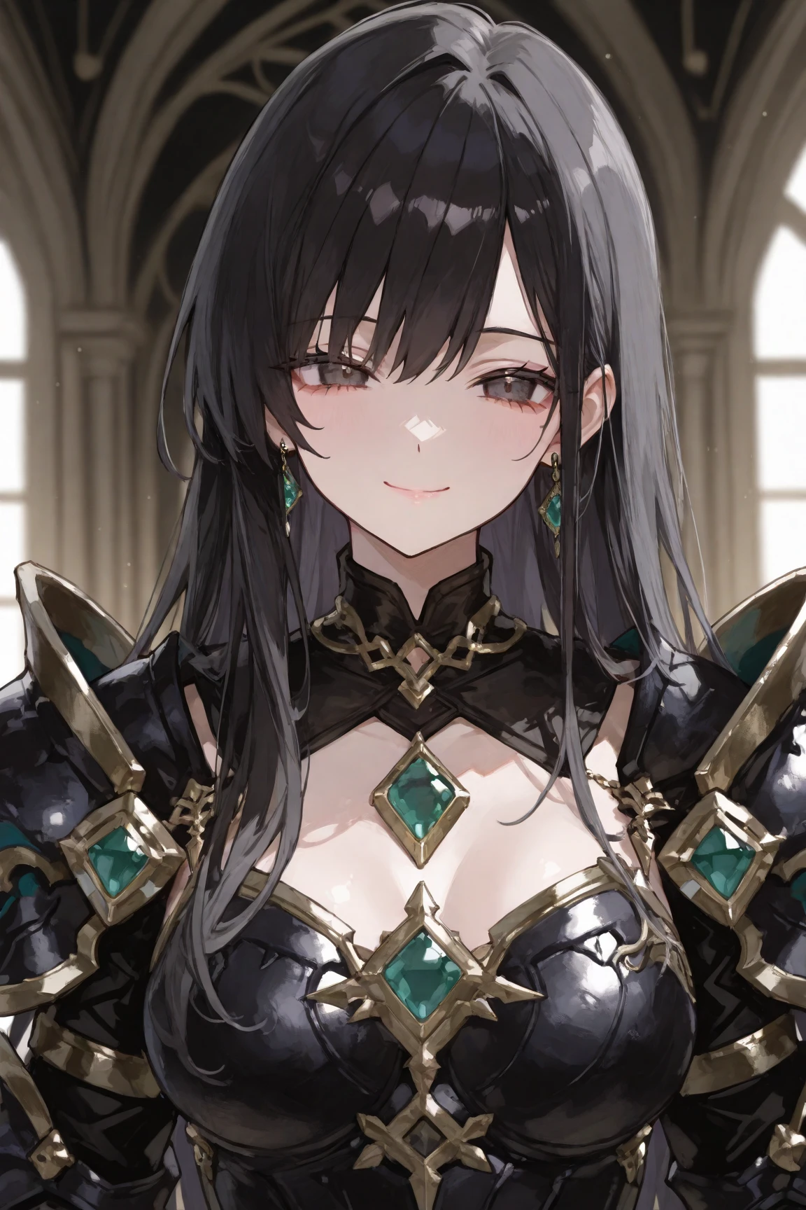 1 of 1 girls, armor, black_hair, Blurred, Blurred_background, Blurred_prospect, chest, green_eye, Closed_mouth, depth_of_Field, Earrings, jewelry, length_hair, Looking_in_Audience, smile, One person in, upper_body