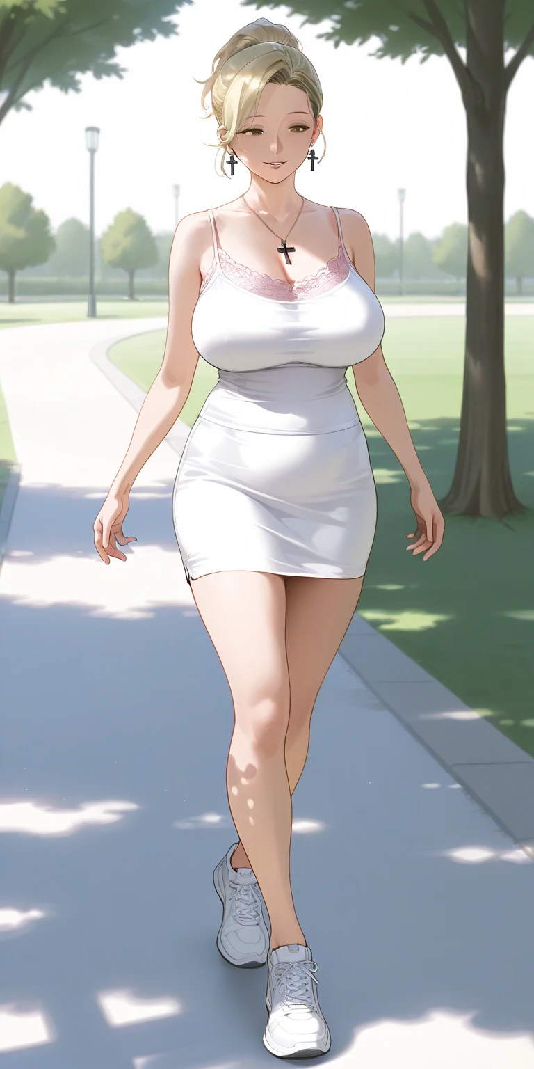 masterpiece, best quality, extremely detail 8k cg, high resolution, 1girl, pakura, green hair, orange eyes, slim body, huge breasts, bursting breasts, standing, m1n1dr3ssng, black dress, forhead protector, seductive face, outdoors, garden, night time, beautiful face, wide shot photo, full body