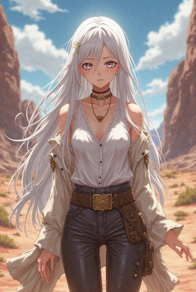 8k, Best Quality, masterpiece, Victoria Villarruel dressed as Goku, 1 girl, ultra_instinct, white_hair, glowing aura, bright white long hair, floating hair raised, bright silver eyes, slim with wide hips, serious mocking expression. outdoor, clearing, plain, desert.