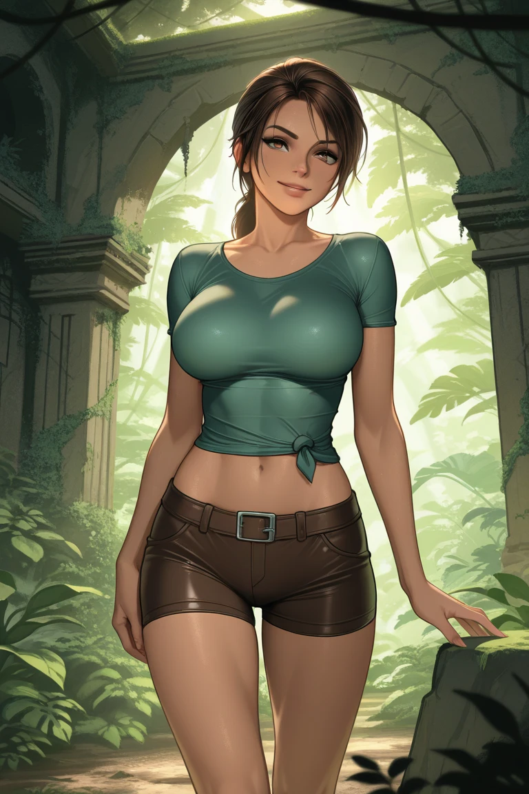 (Kinessa from the game paladins), (tight shorts), (ass leg big and thick), (pose sexual), (smiling), (With curves), (giant breasts), (uncensored), (In a forest)