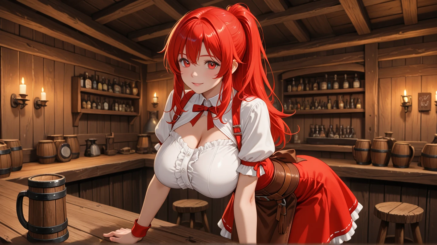 Anime, (((destroyed medieval town, collapsed bar))), red hair, pony tail, red eyes, huge breasts, (dirndl), (torn clothes), no bra, bottomless, show off pussy, disdain, contemptuous, disgust, scared, cry, skyporn, Areola,big areolae,  puffy nipples, bare nipples, ((best quality)), spread pussy, sexual fluid, pussy juice, drooling, dirty skin, being raped, topless
