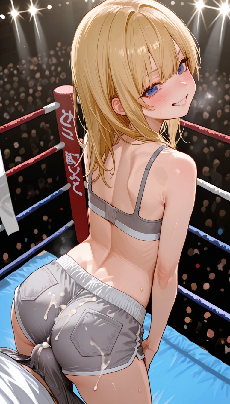 score_9, score_8_up, score_7_up, source_anime, ,sex from behind, standing sex, bent over, ((((grab her arms)))), ((((motion lines)))), vulgarity, (((wrestling ring)))), ((1 boy,tall stature)and(1petit girl)), (hetero), ,(height difference), BREAK ((((1petit girl,short stature)))), ((((girl is 130cm)))), (slender body:1.4), (long hair, french braid),straight hair, blonde hair, light blue eyes, ((((flat chest)))), covered navel, collarbone, pale skin,shiny skin, ((She wears aqua competition swimsuit)), (((She looks rolling eyes))), (((She looks ahegao))), (trembling), (cum on clothes:1.4),cum on body,excessive cum,cum facial,bukkake,cum on hair,cum in pussy, clothing aside, clothed, text, BREAK (1boy,tall stature:1.4), ((((boy is 170cm)))), small penis, ((((He looks smug)))),