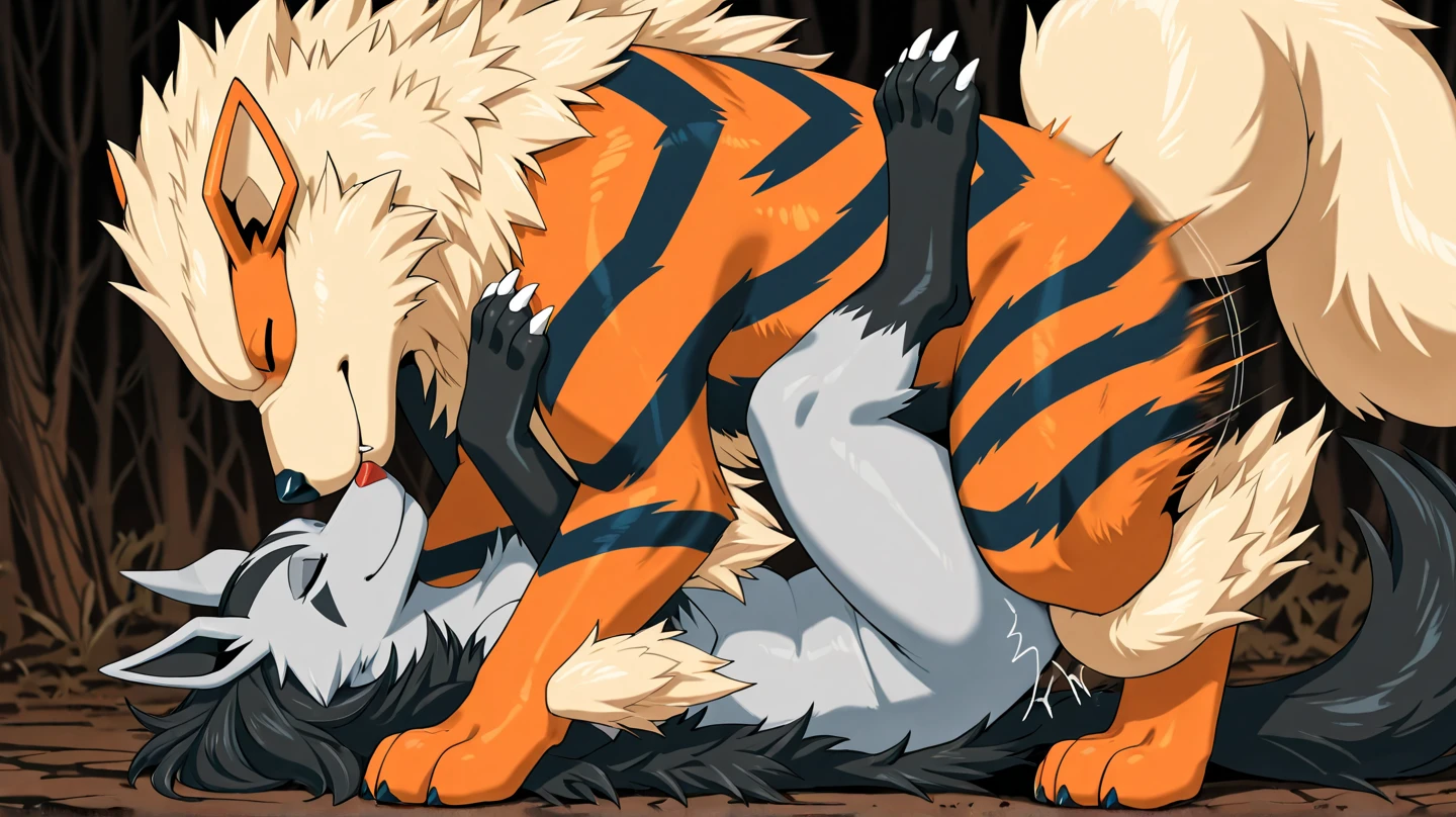 sssonic2, gigant arcanine_(pokemon), male, male arcanine, feral, big_dom_small_sub, butt_smother, dominant, duo, facesitting, white background, ass, big tail, gay,