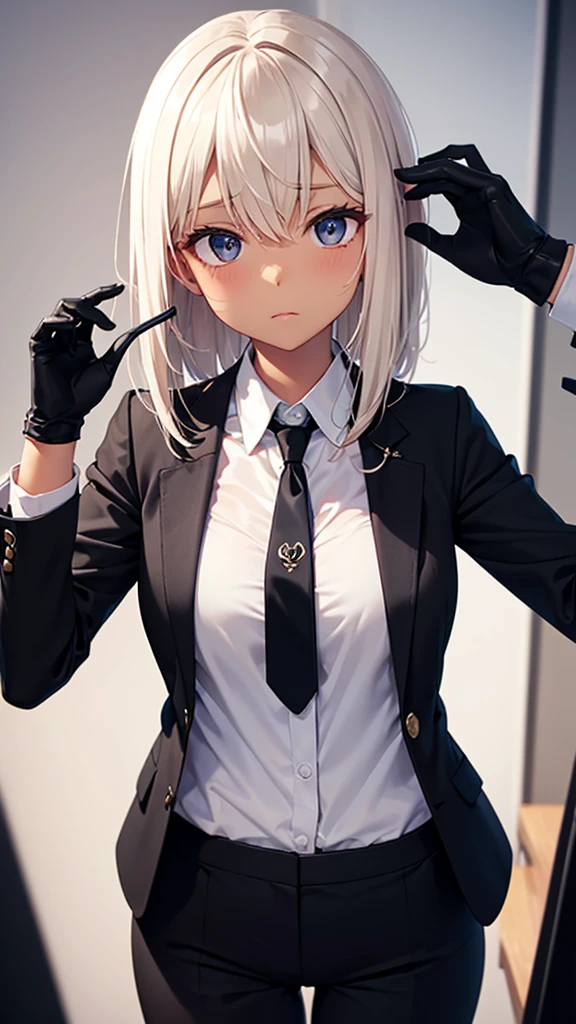 Superb Quality, Masterpiece, High Resolution, Best Quality, UHD, Super Detail, Award-Limited, 16k, (upper body), A beautiful girl, Gray hair, hair, ((heterochromia)), Hanging eye corners, Fair skin, (Small breasts), (Slim body), (Japanese student uniform containing full-chested suit jacket and short skirt)), (Neck ring), (Short gloves as short as half a palm)