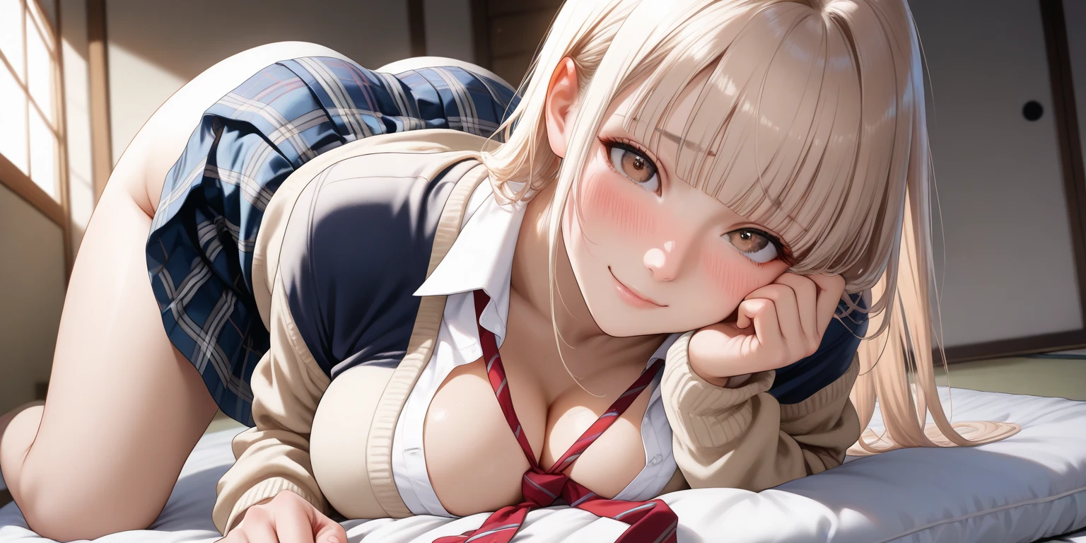 masterpiece, absurdres, best quality, ultra detailed, high Resolution, detailed illustration, extremely beautiful detailed face and eyes, bright colour, 1girl, (loli), cute face, Delicate beautiful face, magenta eyes, cute eyes, sparkling eyes, big eyes, medium breasts, (perky breasts:1.1), (pointy breasts:1.1), medium hips, glamorous body, white skin, surprise, BREAK, long bob cut, (blonde hair:0.8), messy hair, detailed hair, shiny hair, BREAK sweater, long skirt, tiny ribbon, working, computer, sitting chair, office, real world, natural lights, perfect lighting,
