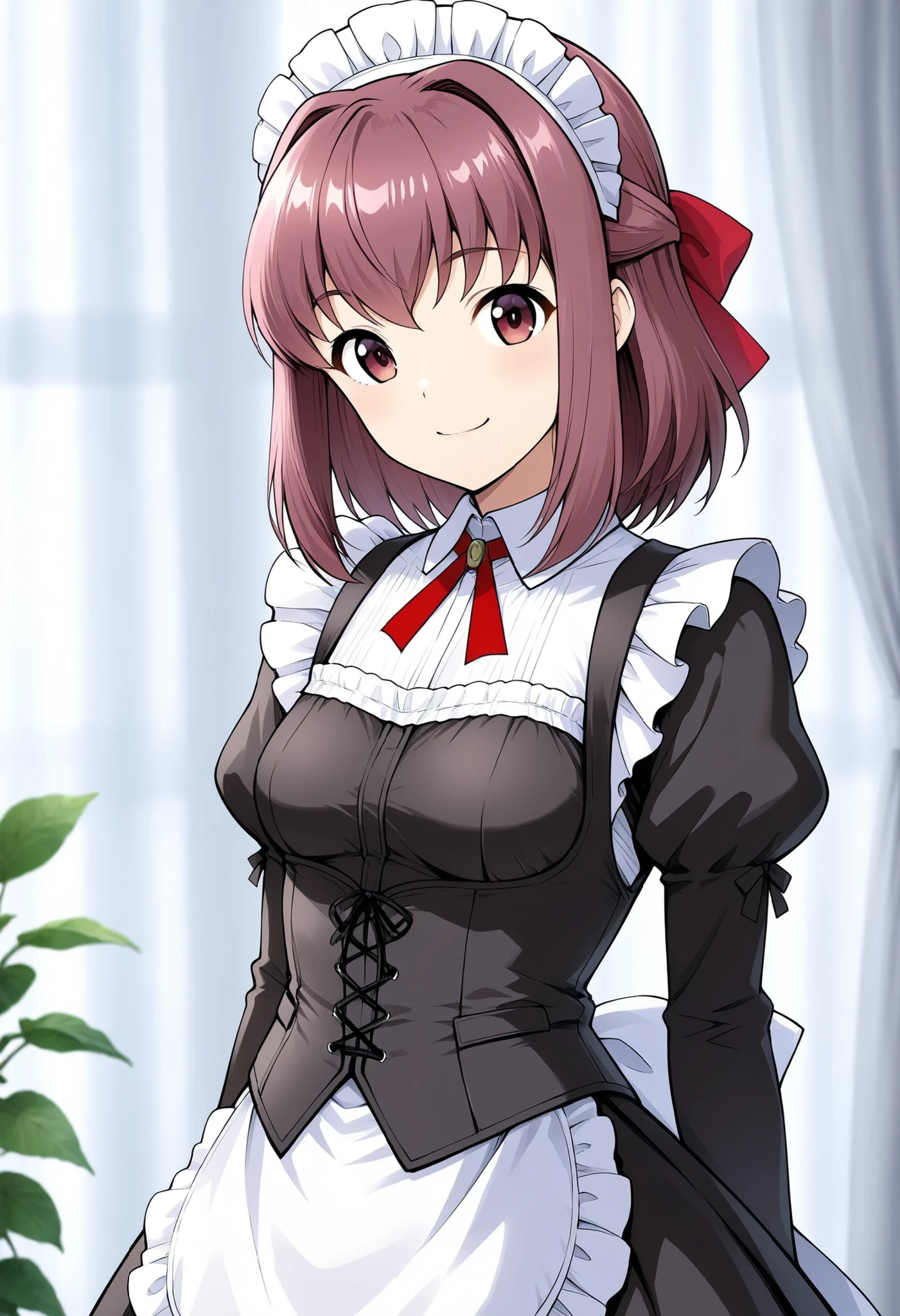 high resolution、Highest Quality、super quality、shot from the front、is smiling、one girl、solo、 Kondo Taeko 、smile、Absolute reference to center 、Red brown pretty eyes、 shiny brown hair , short hair ,Red Ribbon、 ( Beautiful brown eyes )、 very detailed face, highly detailed eyes, masterpiece , Cowboy Shots 、maid clothes、black victorian maid、 raise your face 、 small breasts、cowboy short、