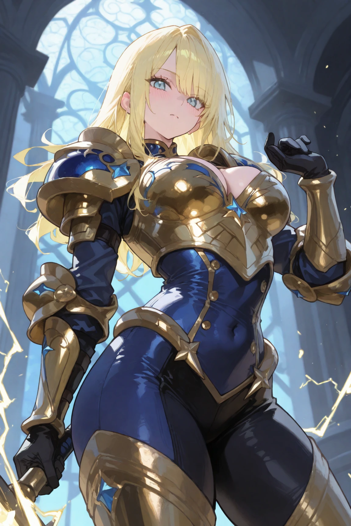 Highest quality, masterpiece, Intricate details, One woman, Age 25, Mature Woman, Cinematic lighting、Female Warrior Paladin、Platinum armor、Severely Damaged Armor、imprisoned in prison、Chained、Angry face、Sweaty、blush、whole body、Eyes from below、Spread your legs、Spread your legs、