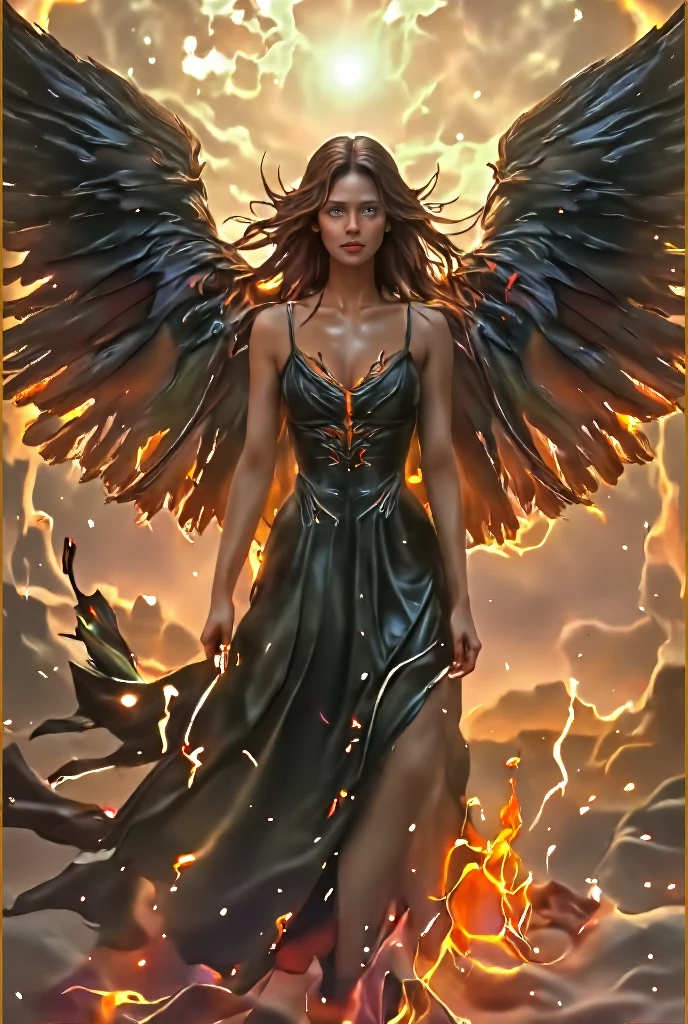 Wide angle, ultra wide angle, 3d generated, fallen angel, Sliver dress of SILVER LIQUID METAL, detailed face, red eyes, liquid lava, (hovering above lava:1.3), red curly long hair, black dirty angel wings, arms out , devil horns, ultra-detailed, highres, extremely detailed, moonlit dark red night, detailed cloudscape, <lora:Liquid_Fluid_Metal_XL_-_By_DICE:0.4>