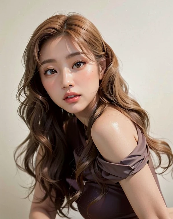 top-quality、​masterpiece、hight resolution、1girl in、solo、Raw photo、Real person、Detailed skin、japanes、brawn hair、thin bunches of bangedium Hair、Curly hair、Floating hair、fullllbody,cropped shirt、White Room、catchlight