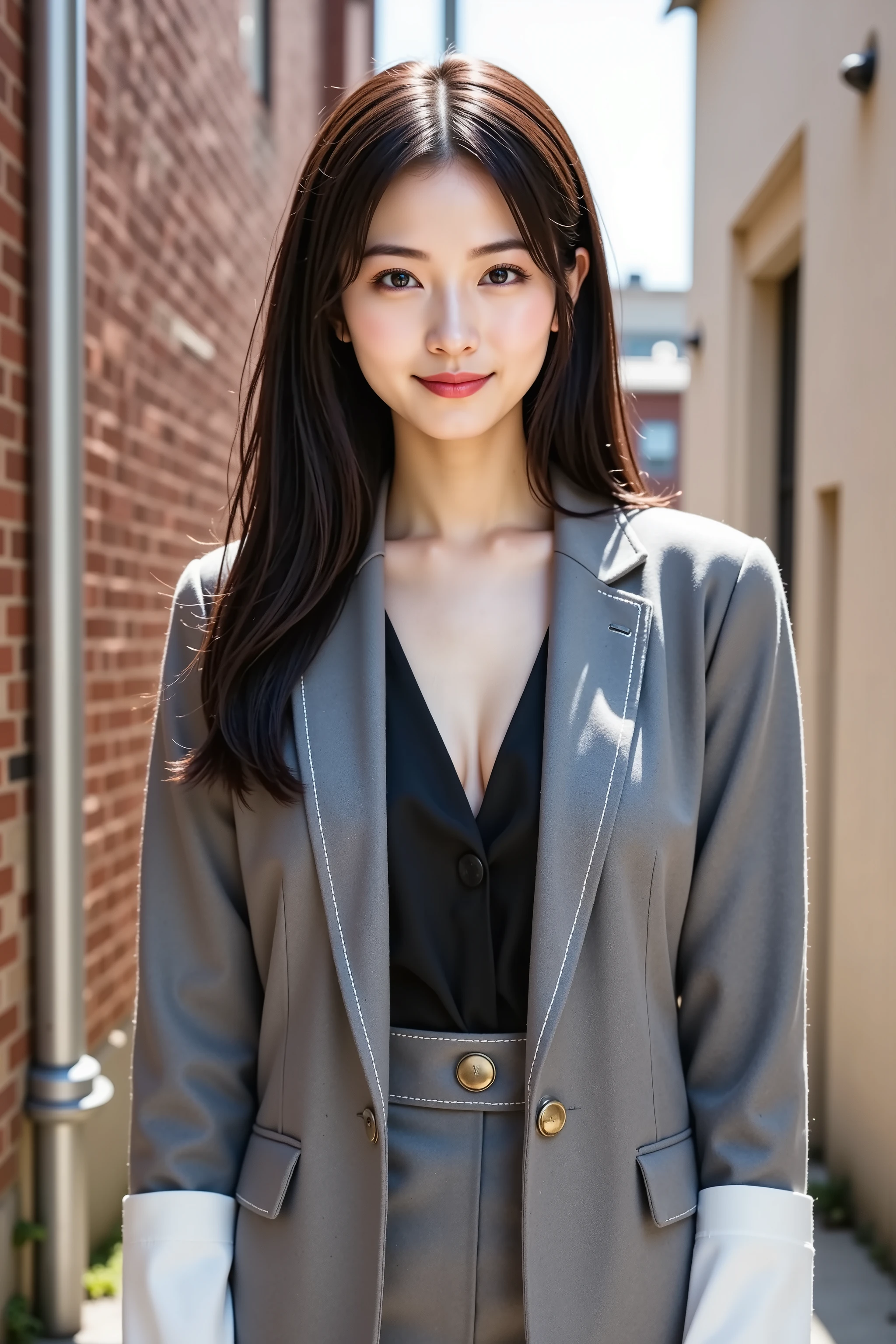 firm and big breasts, cleavage, A realistic photographic composition framed from just below the shoulders of a female professional standing in a narrow urban alley, ensuring her entire head is fully visible within the frame without any cropping at the top edge. She wears a tailored mid-gray blazer made of wool blend with crisp white lapels and pocket flaps edged with topstitched seams, the single brushed gold button closure resting at her natural waist and creating soft tension folds. Beneath the blazer is a matte black silk blouse with a subtle scoop neckline just below the collarbones, its smooth drape and slight sheen rendered in lifelike detail. The blazer sleeves end at the wrists, exposing white cotton shirt cuffs fastened by small mother-of-pearl cufflinks, the cuffs showing fine stitching and gentle creases. A light breeze lifts the lapel edges gently, creating natural movement and subtle fold variations across the fabric. Her hands hang relaxed below the frame edge, fingers slightly curved. Behind her, the alleyway extends into the distance. On the left, weathered red brick walls reveal faded mortar lines and sprouting ivy; on the right, a pale stucco façade with wrought-iron window grilles and a recessed doorway. Stainless steel drainpipes rise along the walls, and overhead, utility cables crisscross between buildings, casting linear shadows. A patch of bright sky is visible above distant rooftops. The scene is captured using an 85 mm equivalent prime lens at f/2.2 on a full-frame sensor to produce a shallow depth of field: the subject remains sharp while the background dissolves into smooth circular bokeh highlights. The camera is positioned at eye level, parallel to her eyes, maintaining realistic perspective and a sense of presence. Natural mid-morning daylight provides soft even illumination, casting subtle highlights on fabric and brick textures while preserving gentle shadow transitions. The dynamic range preserves ful, firm and big breasts, cleavage