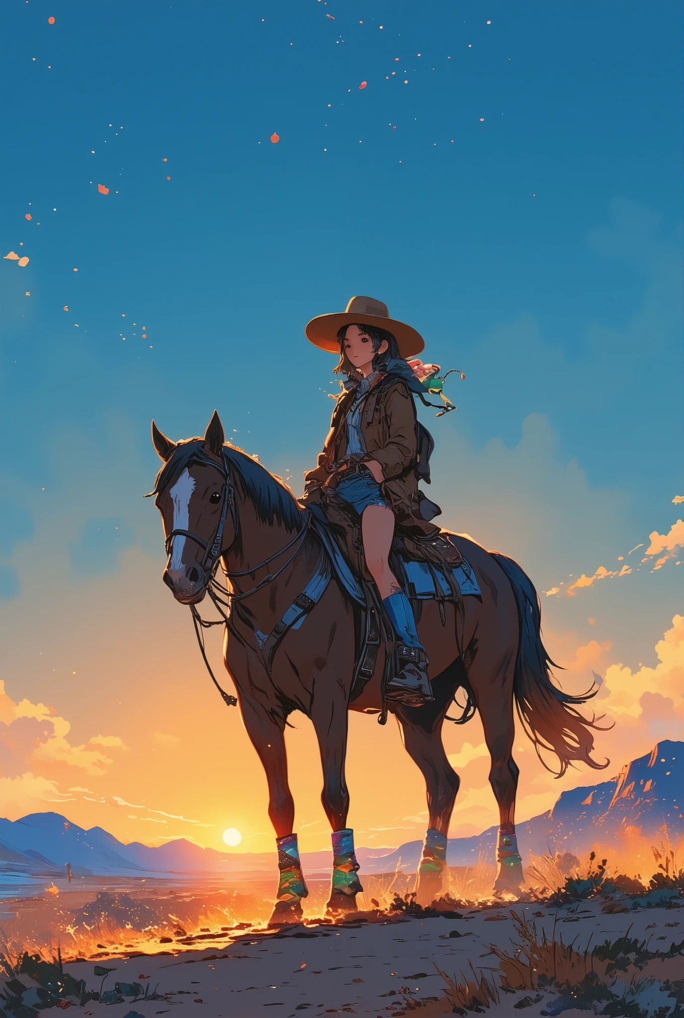 a calm and determined cowgirl with colorful hair streaks, riding a sturdy horse across a quiet desert just before dawn, wearing a wide-brimmed hat, a fringed jacket, denim shorts, and colorful boots, her silhouette softly outlined against the faintly glowing horizon, stars fading from the deep blue sky as the first light of morning appears, a gentle mist drifting over the sandy ground, distant rugged mountains barely visible through the early light, illustrated in a picture book style with thick lineart, soft watercolor textures, gentle color bleeding, and a warm paper texture, emotional, nostalgic, and quietly hopeful atmosphere, illustration style