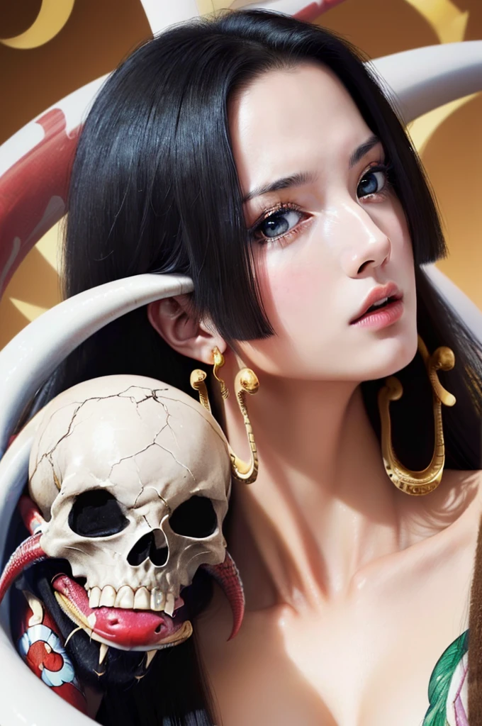 (((masutepiece+Best Quality+High resolution+Ultra-detailed))), Boa Hancock, snake_skull, long silky black hair, High Nose, Sharp eyes, noble and inviolable temperament, (([Female]: 1.2 + [Beauty]: 1.2 + Black Long Hair: 1.2)), snake_Skull background, Bright eyes, dynamic angle and posture, her kingdom throne background
