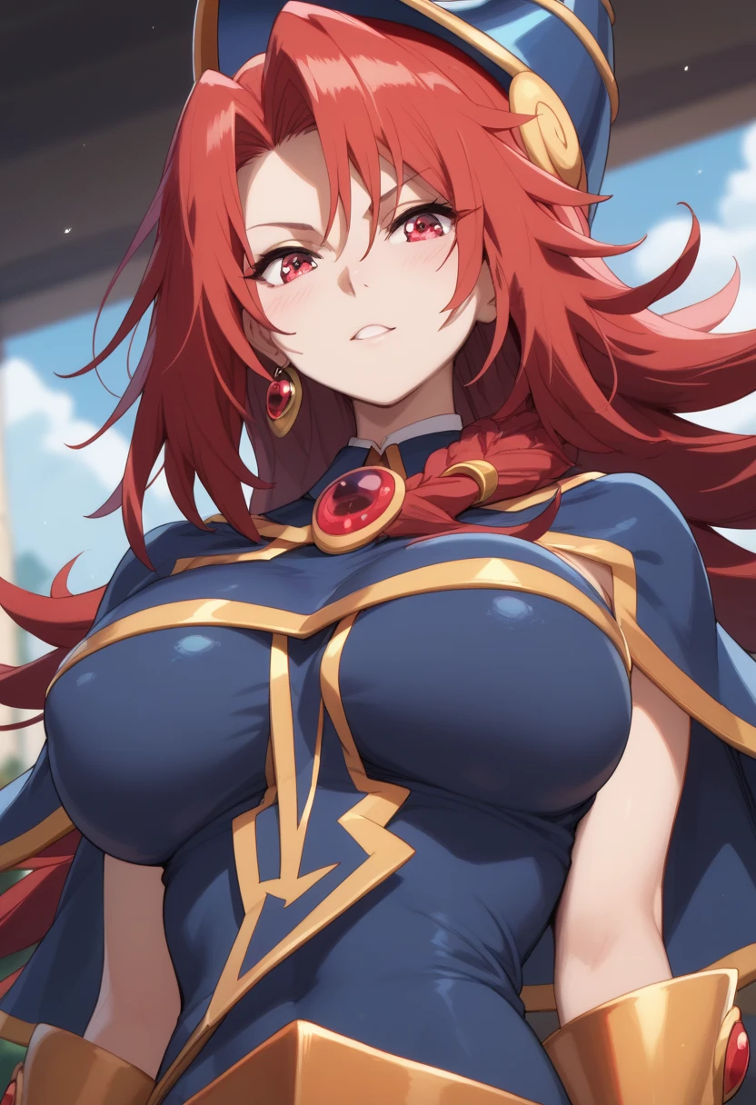 long hair, red hair, large breast, simple background,