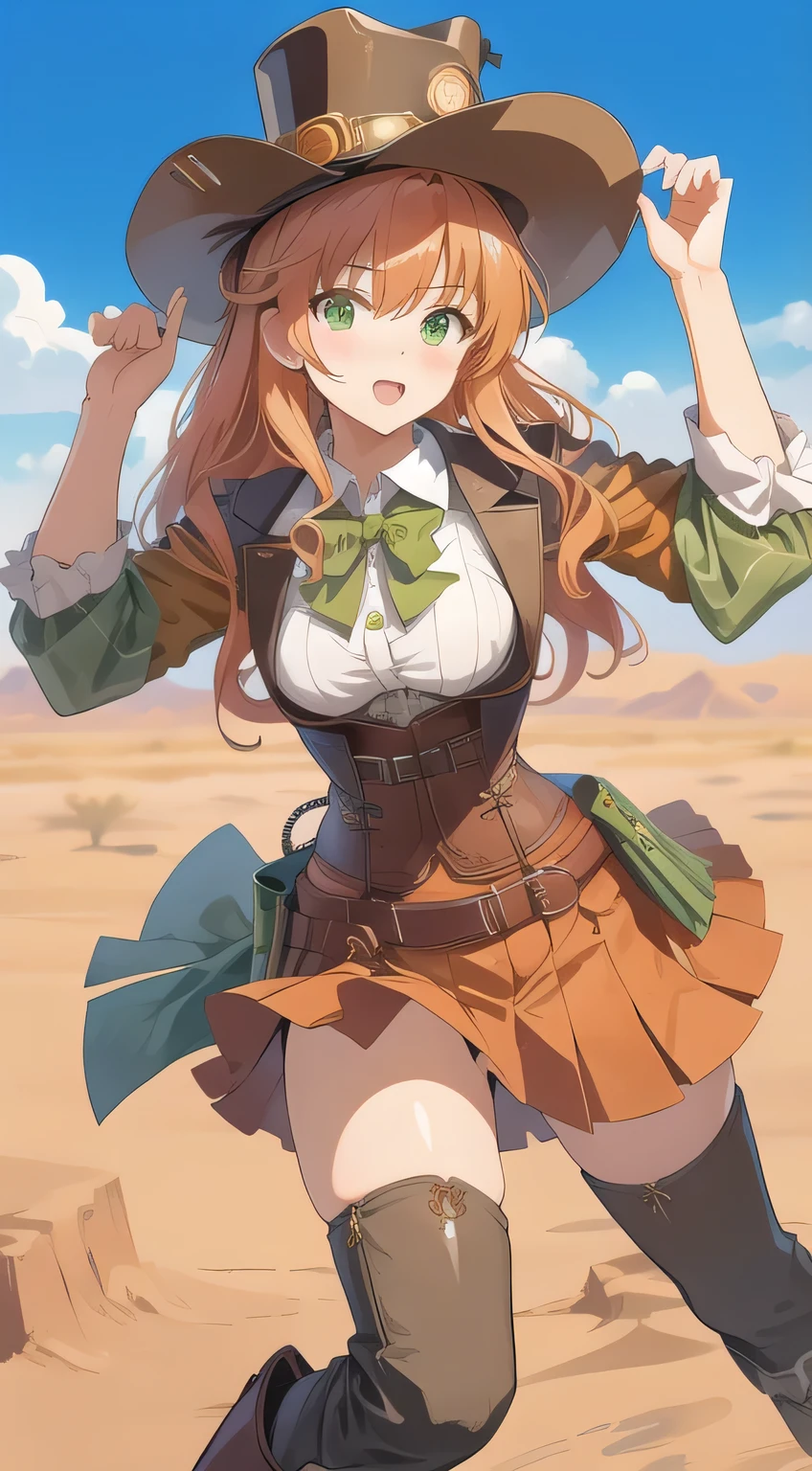 girl, Togashi Yoshihiro inspired , manga style, , Inspired by Koizumi Junsaku,, High Contrast Illustration s, color illustration panel, conductor, High Contrast Illustration , . no text western style miniskirt over GPT boots (western drama) steampunk_costume corset hat check the images for more Big Breasts green eyes orange hair green cactus growing in the desert in the background