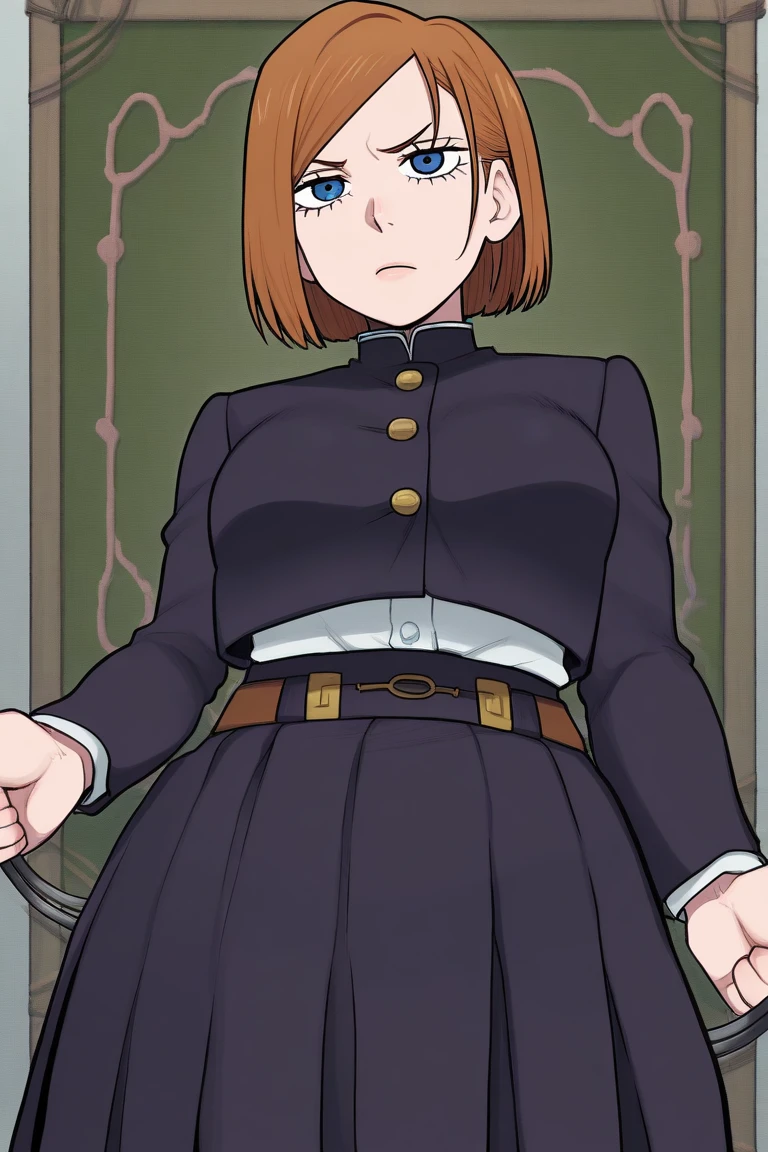 (Masterpiece, best quality, intricate details, 1sologirl) iron collar, arms behind back, iron cuffs, shackles, bound ((standing by wooden pole:1.2)) looking from above happy closed mouth, green short bob haircut