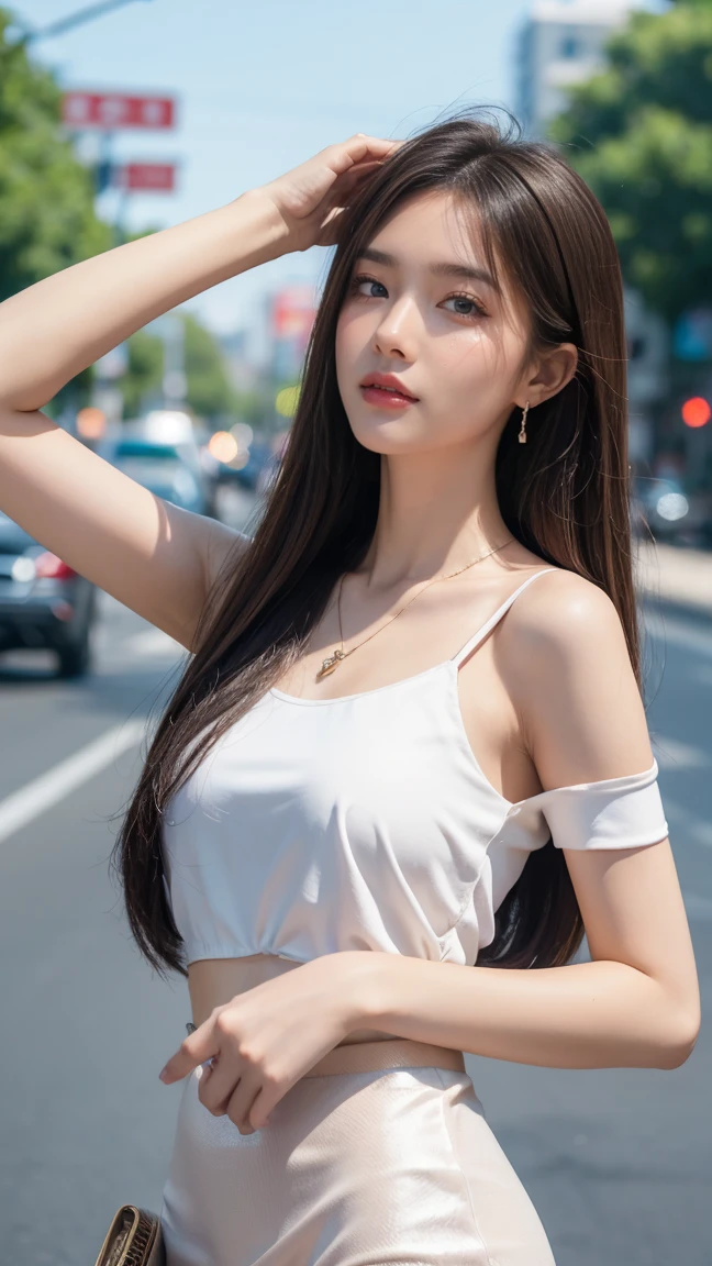 ((Realistic lighting, Best quality, 8K, Masterpiece:1.3)), Focus:1.2, 1girl, Perfect Figure:1.4, Slim Abs:1.1, ((Dark Brown Hair)), (White Crop Top: 1.4), (Outdoor, Seaside: 1.1), City Street, Super Fine Face, Fine Eyes, Double Eyelids,